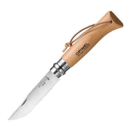 Складной нож Opinel №8, нержавеющая сталь, рукоять из бука, с кожаным темляком c клинком из стали Sandvik™ 12С27