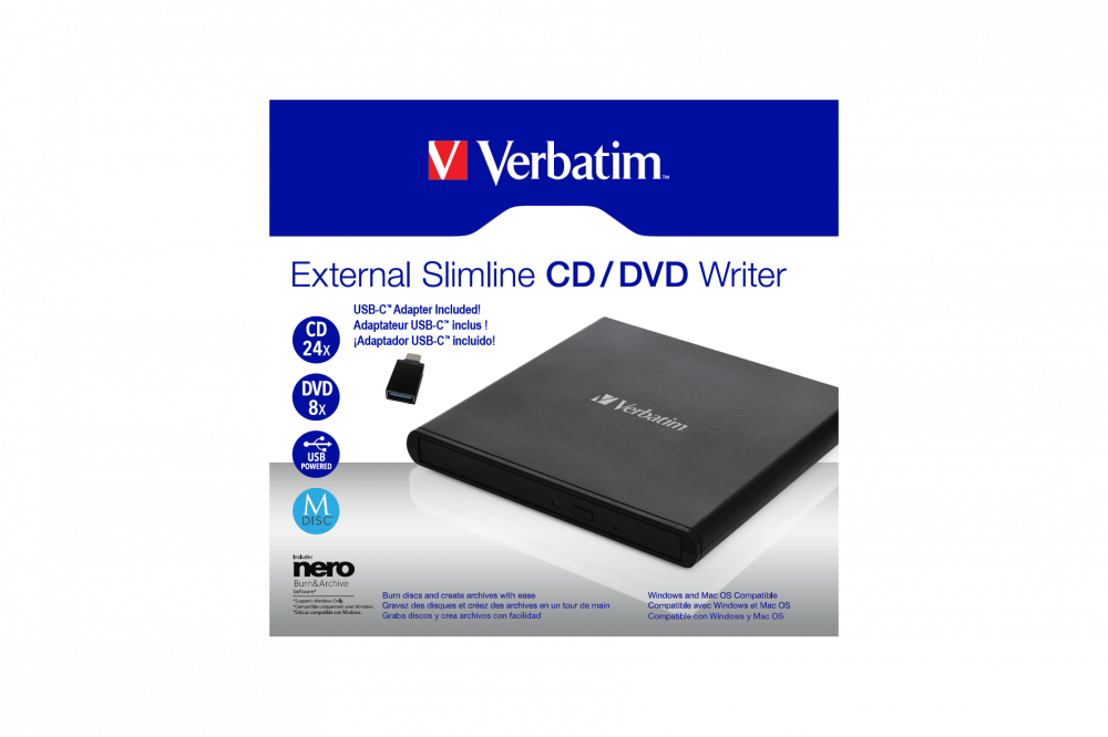 Привод внешний Verbatim Slimeline CD/DVD Writer USB 2.0 с адаптером на Type-C