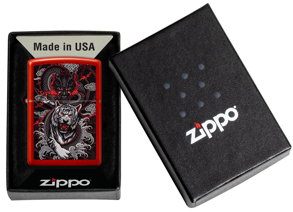 Зажигалка Zippo Dragon Tiger Design с покрытием Metallic Red, латунь/сталь, красная, 38x13x57 мм