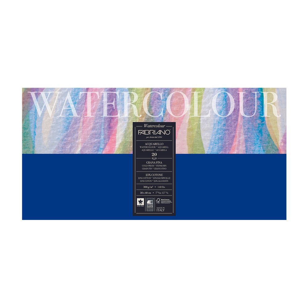 Альбом для акварели Watercolour 300 г/м², 20х40 см, склейка с четырех сторон 20 л, среднезернистая, Fabriano