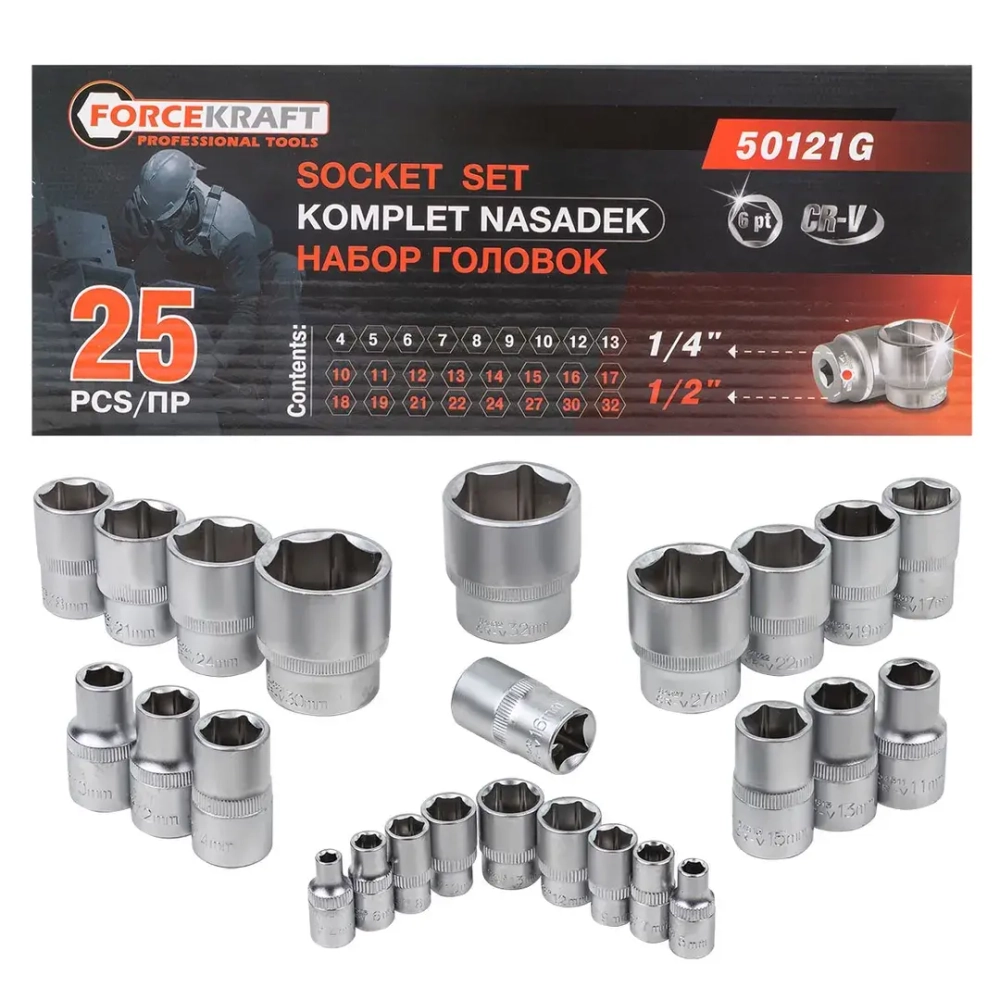 Головки 1/4'', 1/2'', набор 25пр. (6гр.) FORCEKRAFT FK-50121G