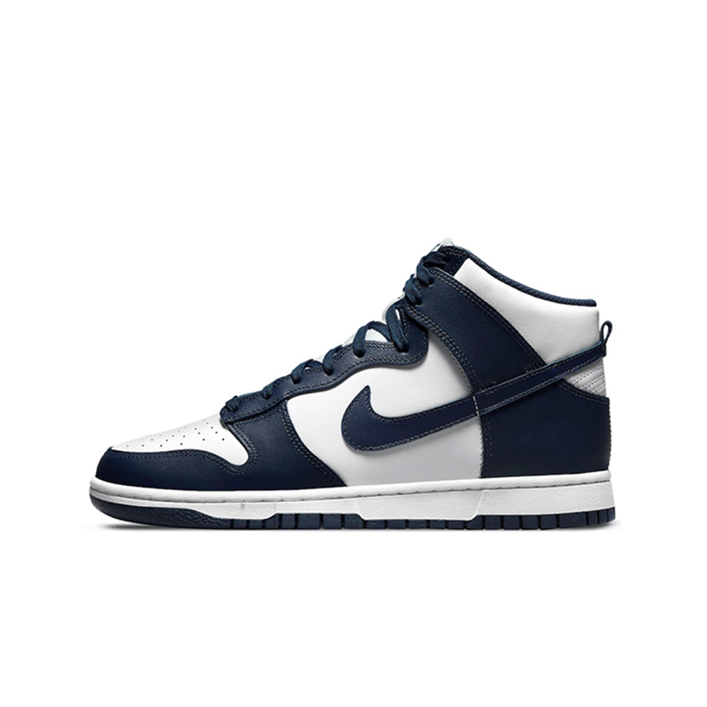 alt="Nike Dunk High Championship Navy DD1399-104 мужские кроссовки белые с синими накладками вид сбоку на белом фоне"