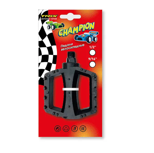 Педали детские TRIX Champion, пластиковые, 100x80мм, резьба 1/2", с шипами, черные