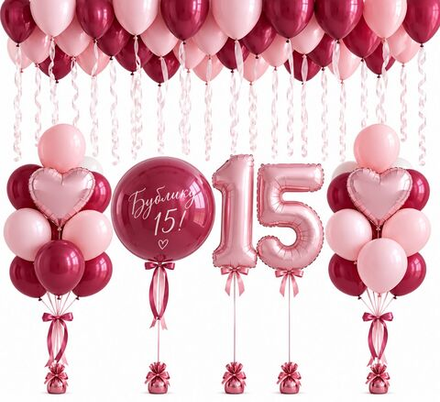 Композиция "Бордовые и розовые шары на 15-летие!"