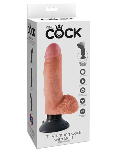 Гнущийся реалистичный вибратор на присоске 7''Vibrating Cock with Balls (Цвет: телесный)