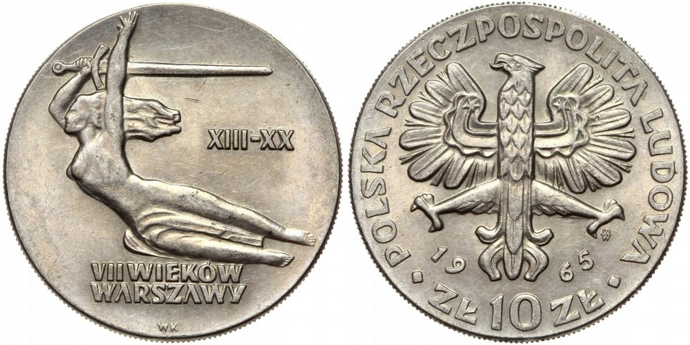 Польша 10 злотых, 1965 700 лет Варшаве, Ника XF