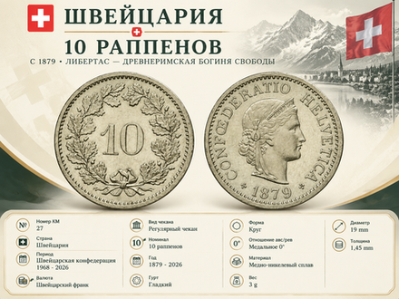 Швейцария 10 раппенов, 1982 Либертас XF