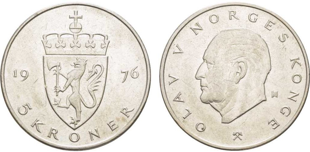 Норвегия 5 крон, 1976 Король Улаф V XF