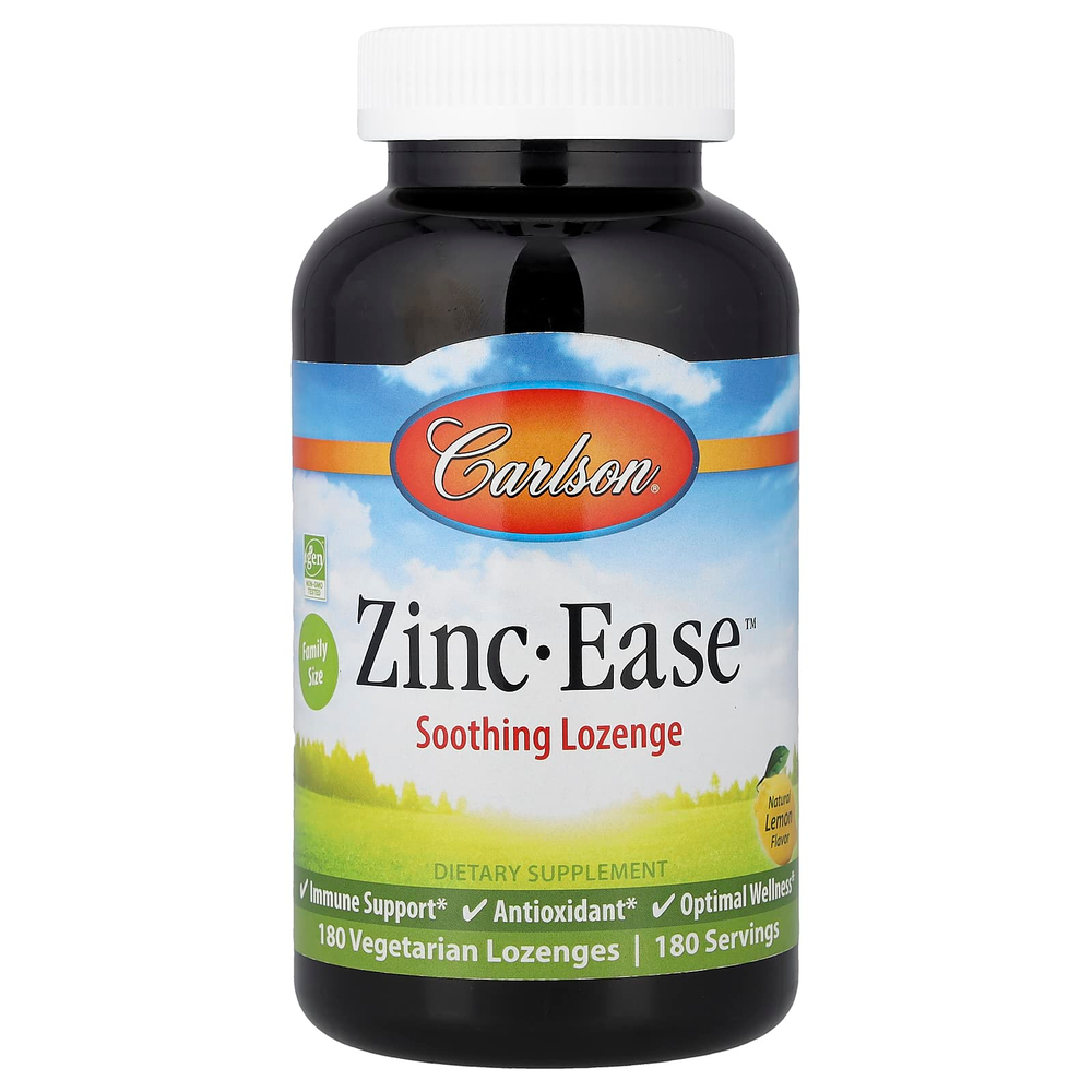 Carlson, успокаивающие пастилки с цинком Zinc-Ease™, натуральный лимонный вкус, 180 вегетарианских леденцов (10 мг в 1 пастилке)