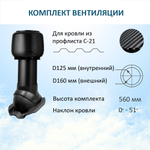 Комплект вентиляции: Вентиляционный выход изолированный D125/160 утепленный высота H=500 мм, проходной элемент PROF-21 для металлопрофиля кровельного профнастила С21, колпак вентиляционный D160 мм, черный