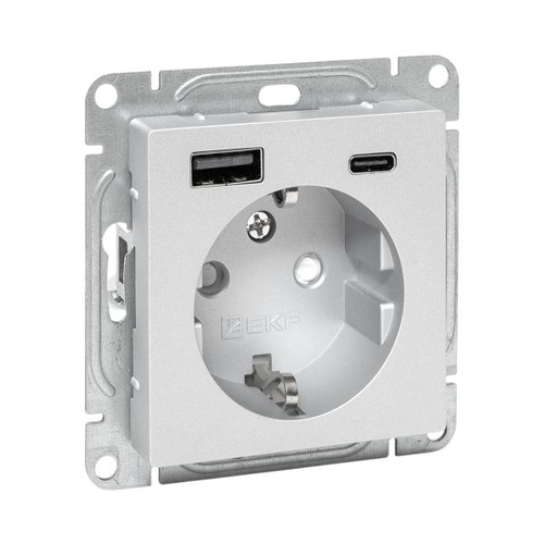 Механизм розетки с USB-A+С - 2шт, 16А, с заземлением, со шторками, алюминий Эпика EKF up1-soa-111-usba+usbc