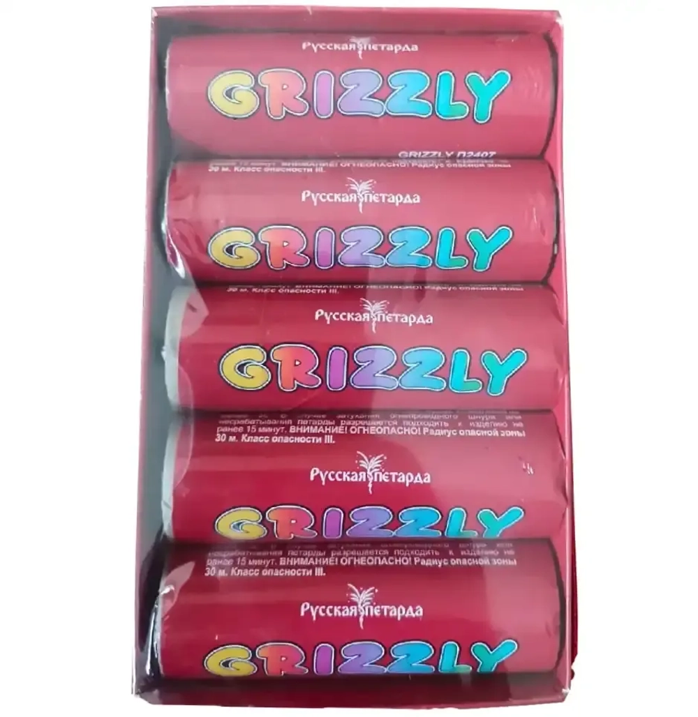 П2407 Grizzly: Фитильные петарды 4 г от Русской Петарды, упаковка 5 шт., компактный звук и яркий дизайн.