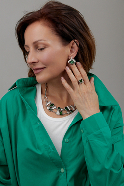 HMG MT Enamel Silver Серьги mix арт.0950, овалы пусеты с зеленой эмалью