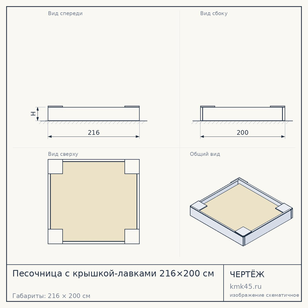 Чертёж: Песочница с крышкой-лавками 216×200 см