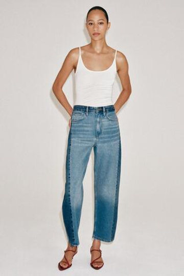 ZARA ДЖИНСЫ ANKLE RELAXED СО СРЕДНЕЙ ПОСАДКОЙ И ПЭЧВОРКОМ — ZW COLLECTION, СИНИЙ