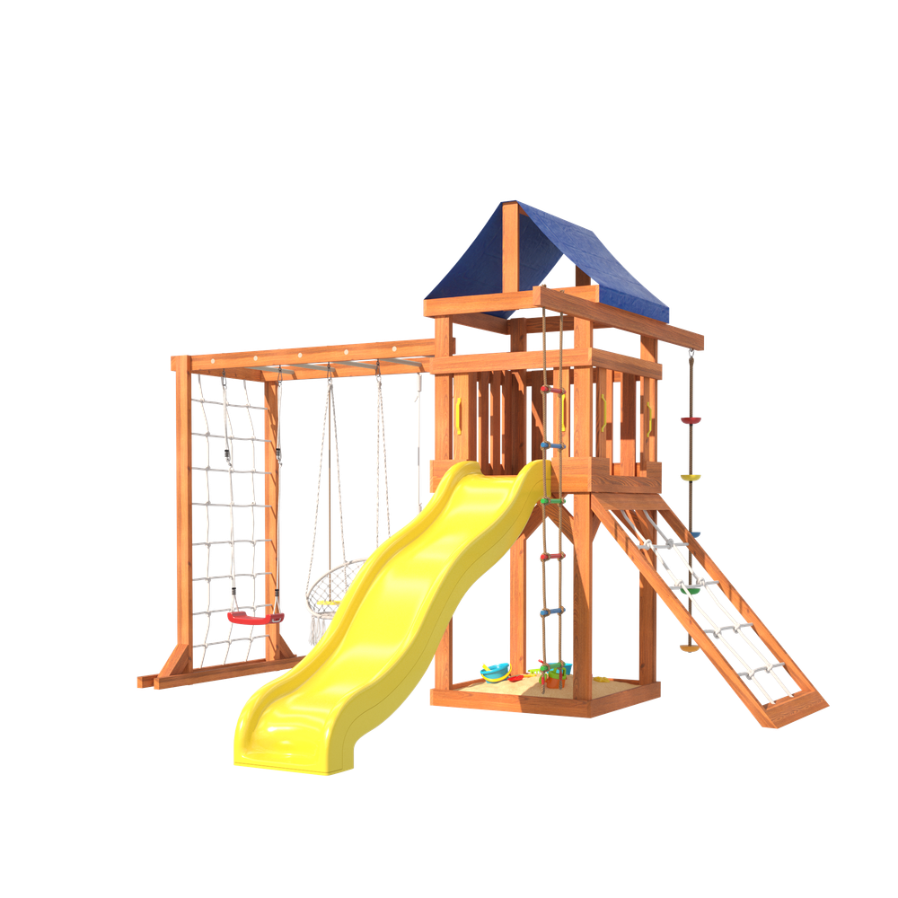 Детская площадка Fun Land с модулем сетка-рукоход, мини сеткой, подвесным креслом и качелями