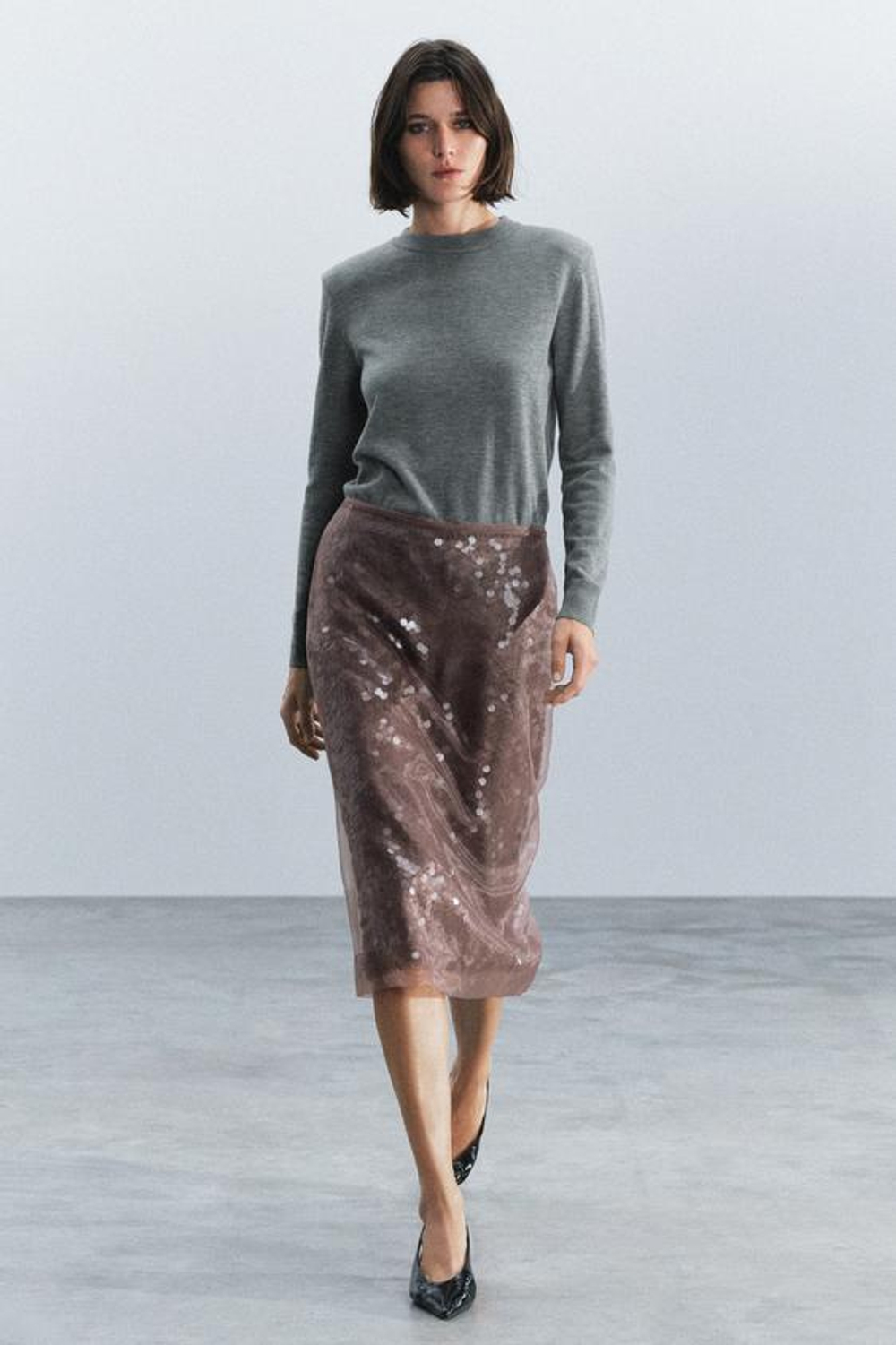 ZARA ЮБКА МИДИ С ПАЙЕТКАМИ — ZW COLLECTION, СЕРО-КОРИЧНЕВЫЙ