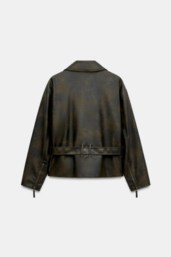 ZARA КУРТКА ИЗ ИСКУССТВЕННОЙ КОЖИ С ПОЯСОМ, ТЕМНЫЙ ХАКИ