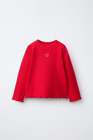 ZARA ЛОНГСЛИВ В РУБЧИК С ВЫШИВКОЙ, КРАСНЫЙ