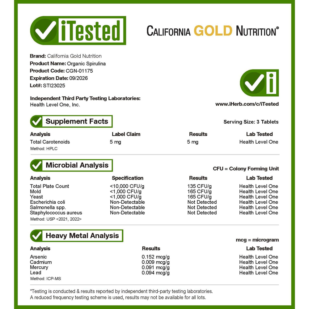 California Gold Nutrition, органическая спирулина, 60 таблеток (500 мг в 1 таблетке)
