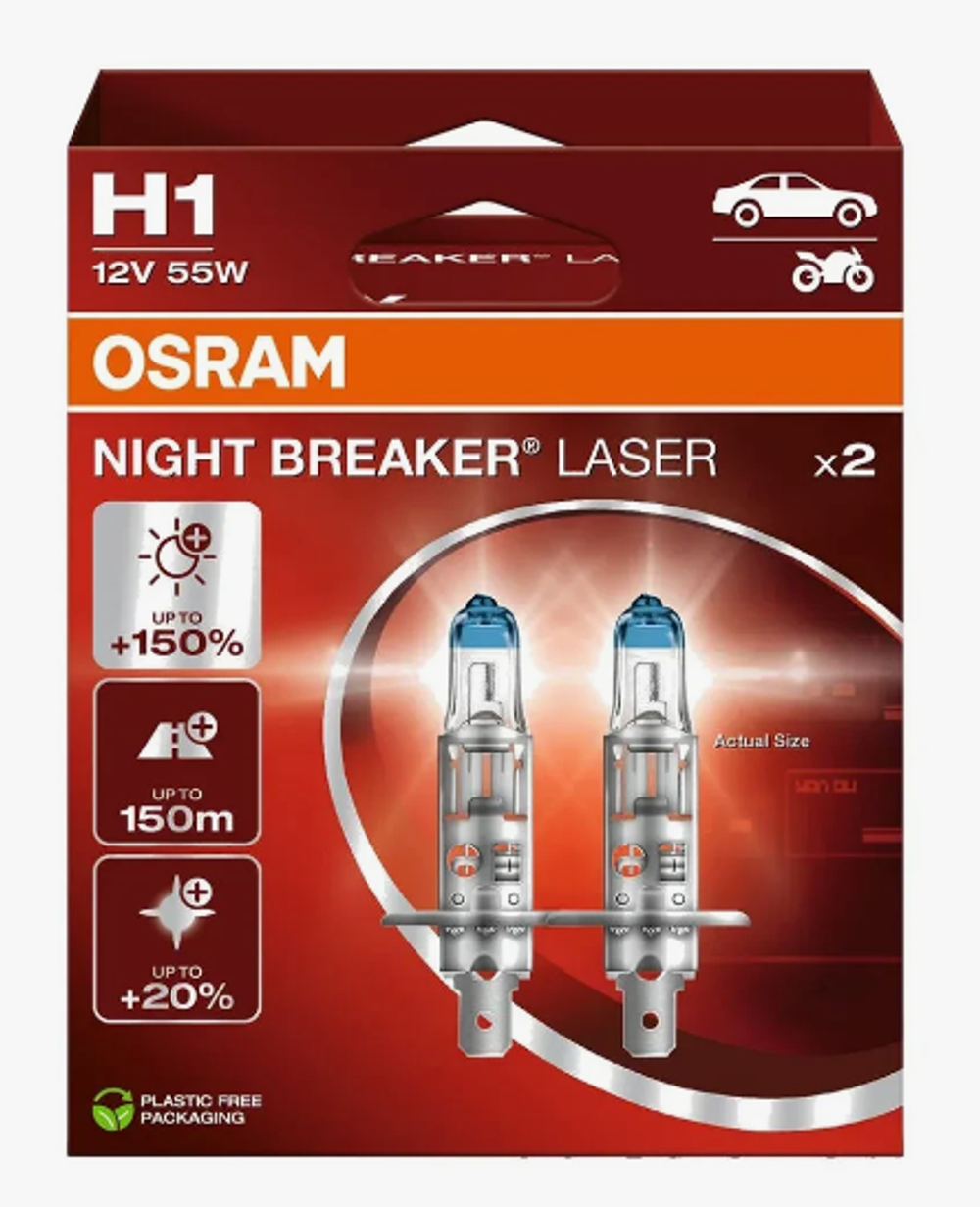 Автолампа H1 12V 55W (P14,5s) Osram +150% NIGHT BREAKER LASER (64150NL-2HB) (карт уп) к-т ORIGINAL