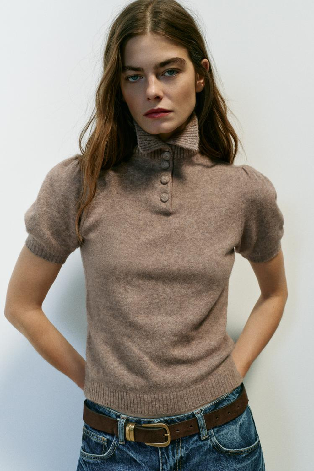 ZARA ТРИКОТАЖНЫЙ ДЖЕМПЕР С КОРОТКИМ РУКАВОМ, РЫЖЕВАТО-КОРИЧНЕВЫЙ