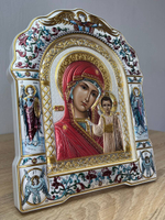Казанская БМ, икона арочная с рамкой под стеклом, белое дерево, эмаль 266х335