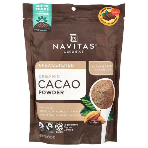 Navitas Organics, органический порошок какао, несладкий, 454 г (16 унций)