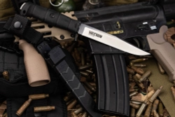 Kizlyar Supreme Vector fixed-blade knife beside its molded polypropylene sheath