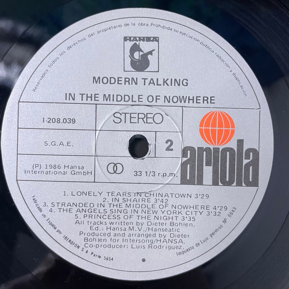 Винтажная виниловая пластинка LP Modern Talking, In The Middle Of Nowhere, The 4th Album (Испания 1986)