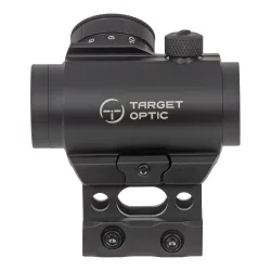 Коллиматор Target Optic 1x20, Weaver, красная марка, точка 2 MOA, проставка - вид сбоку с логотипом бренда