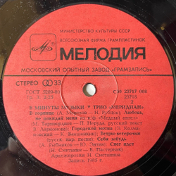 Винтажная виниловая пластинка LP Трио Меридиан В Минуты Музыки (СССР 1986)