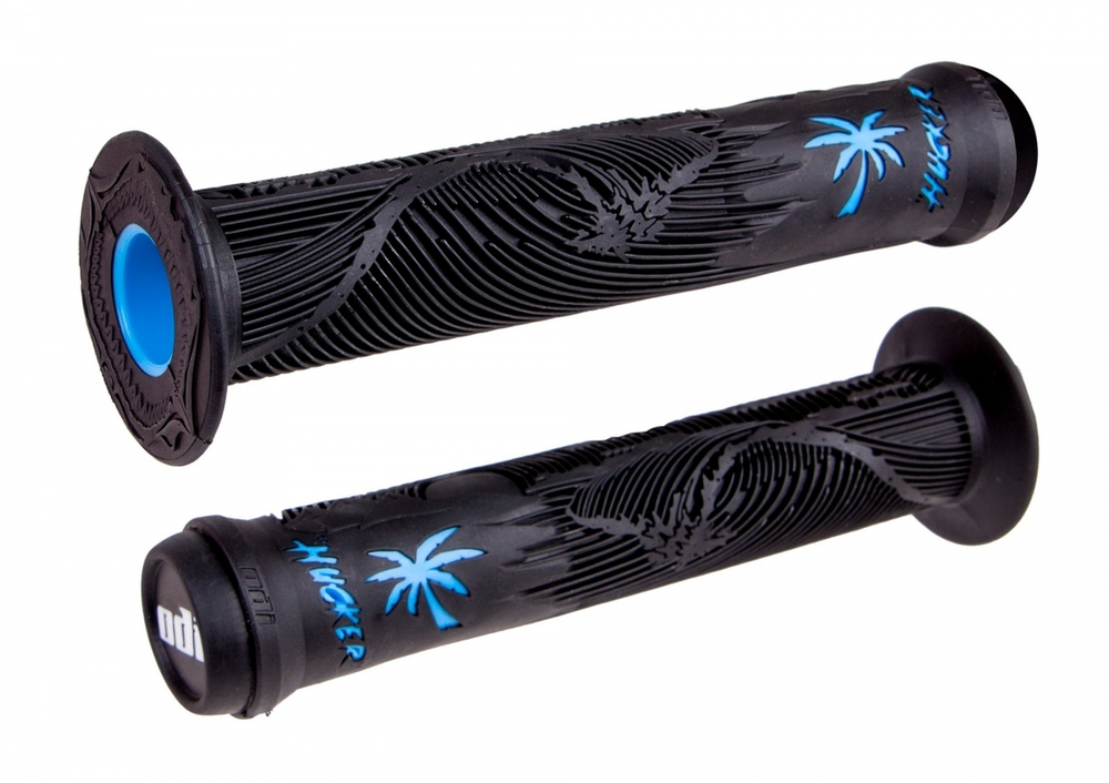 Грипсы ODI Hucker F10HFBU чёрно-голубые, антипроскальзывающий материал, с пластиковыми грипстопами,