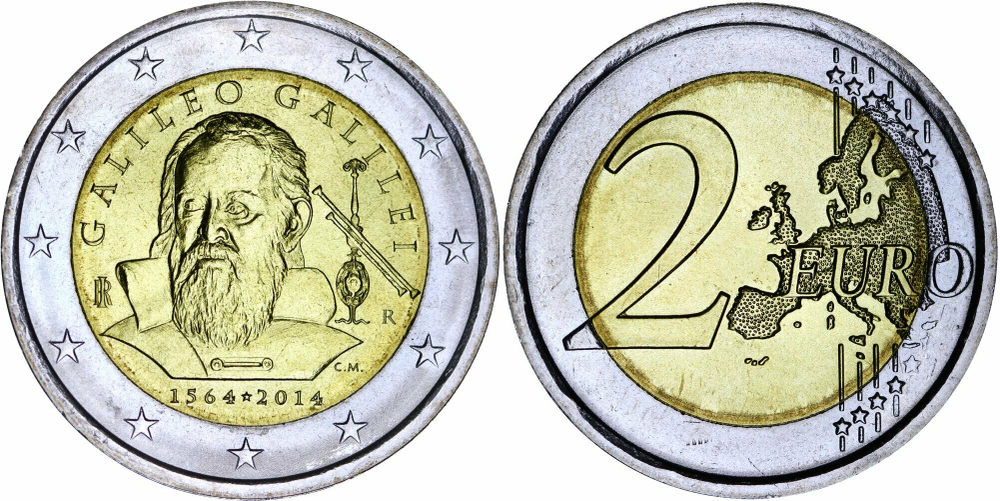 Италия 2 евро, 2014 450 лет со дня рождения Галилео Галилея XF