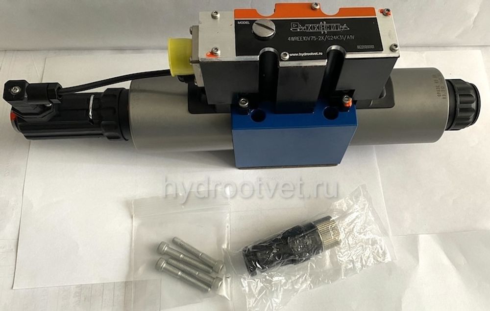 4WREE10W25-2X/G24K31/A1V - Пропорциональный распределитель с обратной связью по положению золотника со встроенным усилителем Ду10, A1 = ±10 В, номинальный расход 25 л/мин, схема W