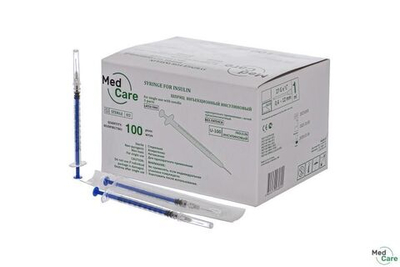 Шприц одноразовый 1 мл 3-х компонентный MedCare инсулиновый с иглой 27G 0,40х12 мм, 100 шт.