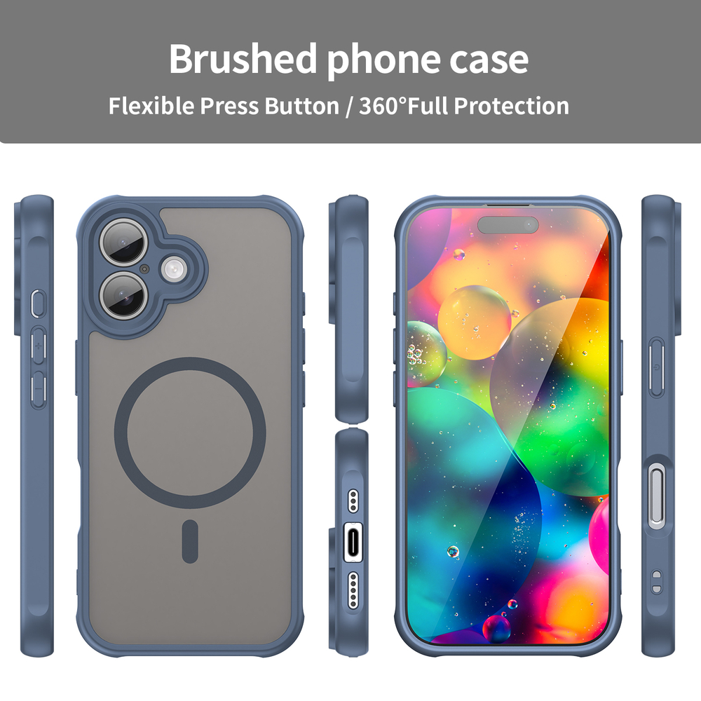 Полупрозрачный матовый чехол с MagSafe для iPhone 17, боковые рамки синего цвета