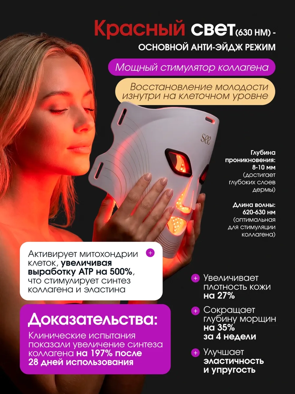 светодиодная Led маска для фототерапии лица косметическая