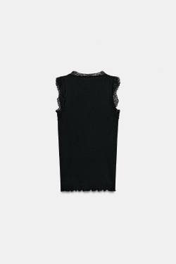 ZARA ФУТБОЛКА В РУБЧИК С КРУЖЕВОМ, ЧЕРНЫЙ
