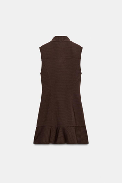 ZARA МИНИ-ПЛАТЬЕ В КЛЕТКУ С ВОЛАНОМ, КОРИЧНЕВЫЙ