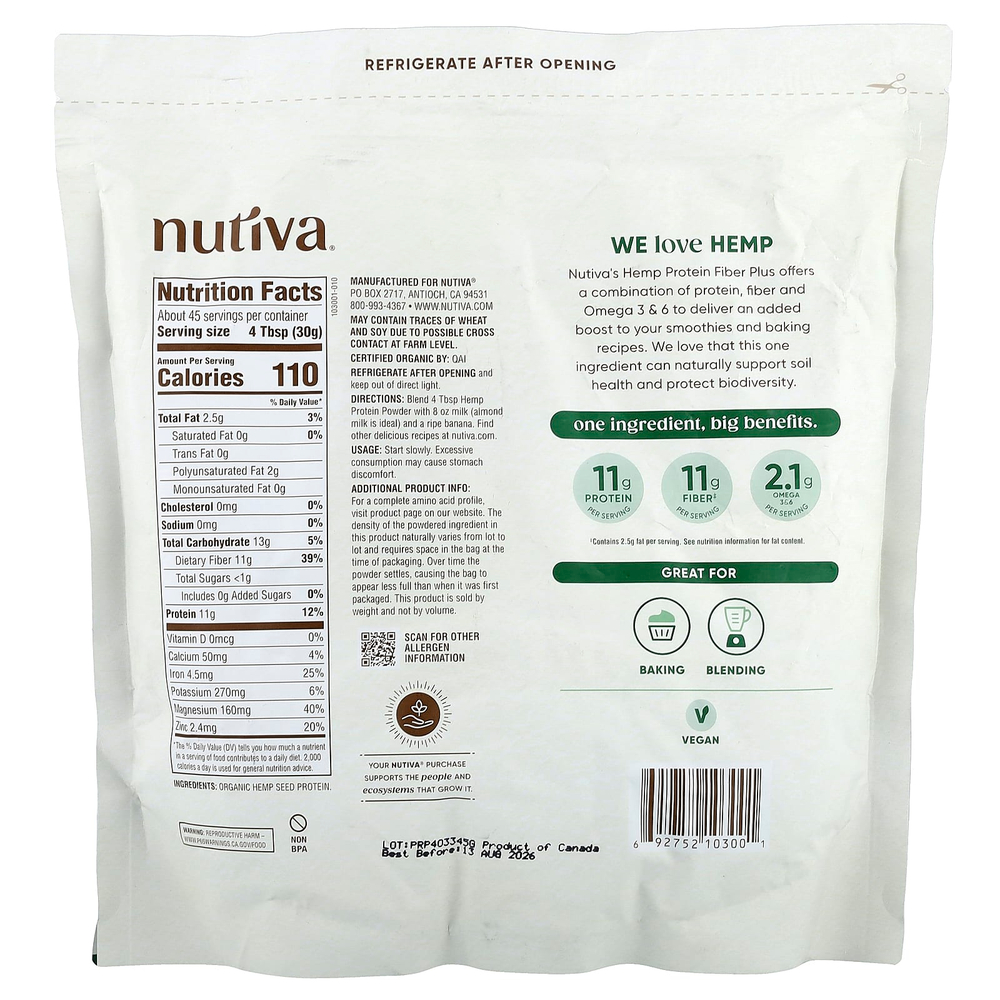 Nutiva, органический конопляный протеиновый порошок, 1,36 кг (3 фунта)