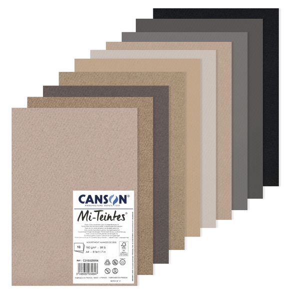 Бумага для пастели Mi-Teintes 160 г/м², A4 21х29.7 см, 10 л, Оттенки серого, Canson, C31032S054