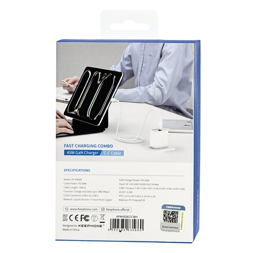 Сетевое зар. устр. Keephone Mixeed KP-EB008 1C 45W Gan с кабелем Type-C на Type-C белое