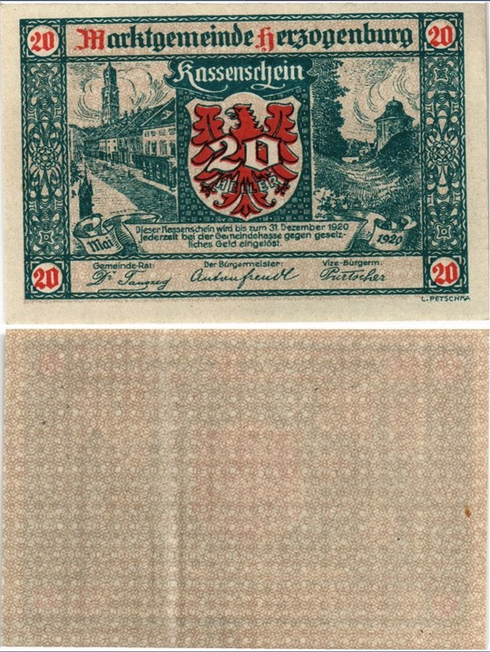 Австрия 20 геллеров 1920 Херцогенбург aUNC