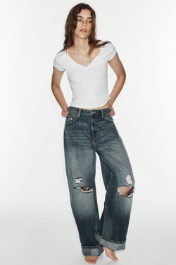 ZARA ДЖИНСЫ TRF BAGGY FOLDED СО СРЕДНЕЙ ПОСАДКОЙ, МОРСКОЙ СИНИЙ