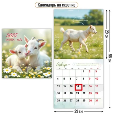Календарь на скрепке с курсором 290х290 2027 символ года Ромашковое поле