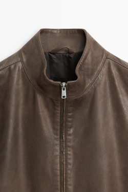 Massimo Dutti Куртка из кожи наппа с воротником, хаки