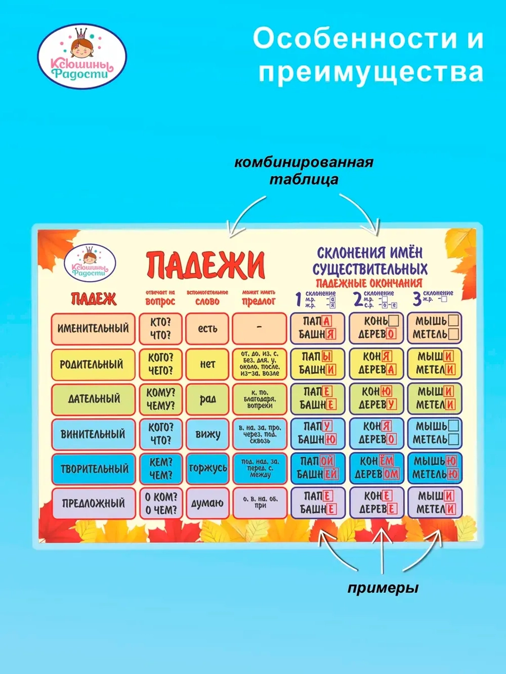 Таблица падежей и склонений А4, русский язык