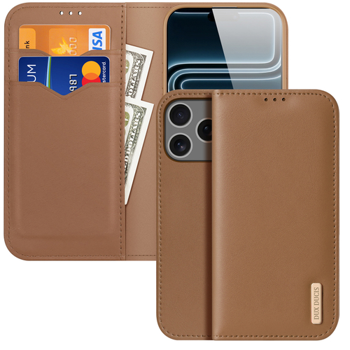 Чехол книжка из натуральной кожи коричневого цвета для iPhone 17 Pro, серия Hivo Series Case (защита RFID) от Dux Ducis