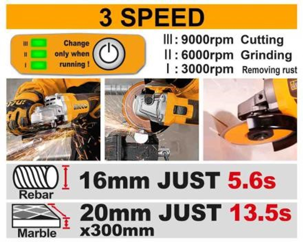 Аккумуляторная угловая шлифовальная машина (УШМ) INGCO CAGLI221153 INDUSTRIAL 20 В 115 мм